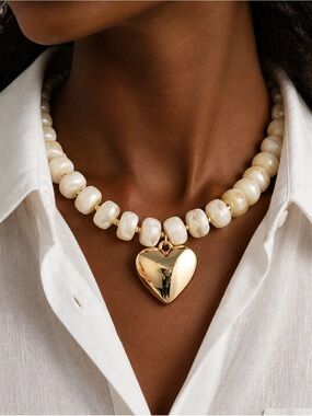Anthropologie White Pearl Bead Necklace with Gold Heart Pendant